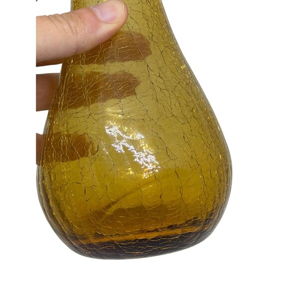 Vintage MCM Amber Blown Art Glass Crackle Vase Ruffled Neck 7.5" Textured Decor - Picture 2 of 7